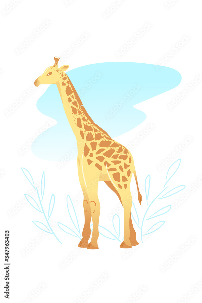 Naklejka premium Yellow giraffe on white background. Animal Cartoon greeting card. African Template vector illustration. Camelopard flat character isolated postcard. Wildlife children print art