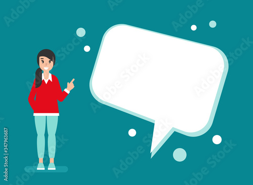 happy girl with speech bubble on blue background. Talk, chat message, communicate, messenger concept .