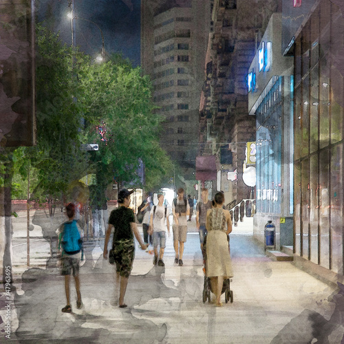 people walk on a city street on a summer evening