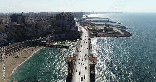 Aerial Drone shot over Egypt Alexandria city Stanly Bridge