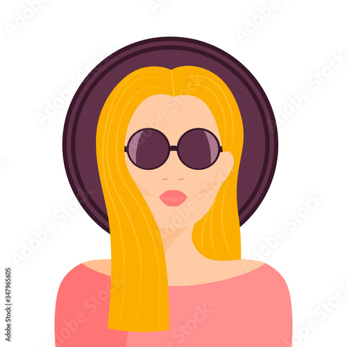 Young woman with blonde long hair in purple hat. Colorful flat stock vector illustration.