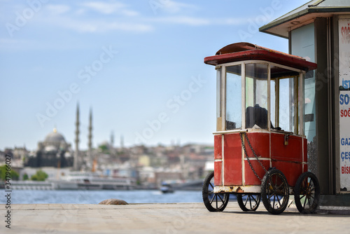 Photography Street cart vending on background  Sultan's Summer Palace and Golden Horn in Ist
