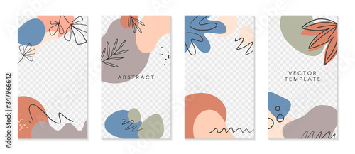 Set of editable insta story templates with copy space for text.Modern vector layouts with hand drawn organic shapes and textures.Trendy design for social media marketing,digital post,prints,banners.