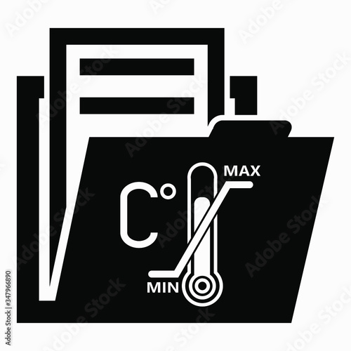 Folder and thermometer icon. Weather station. Technical documentation on temperature. Archive of weather values. Vector icon