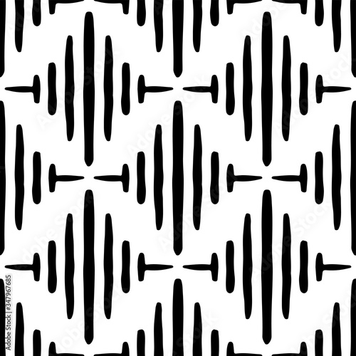 Black striped rhombuses isolated on white background. Seamless pattern. Hand drawn vector graphic illustration. Texture.