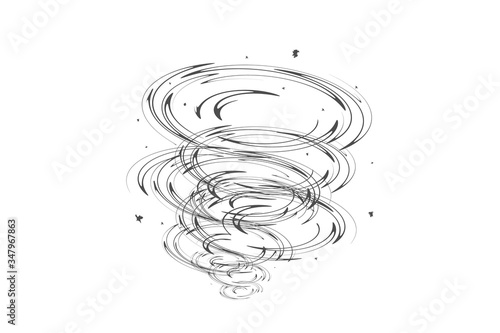 hurricane or tornado of rounded lines, with particles of dust and debris. A Twister vector sketch on an isolated white background.