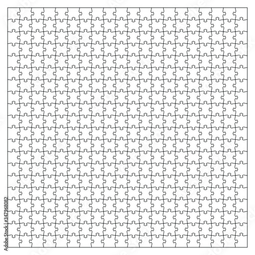Set of four hundred fifty puzzle jigsaw pieces. Puzzle with different types of details and the ability to move each part. Black and white vector illustration isolated on white background.