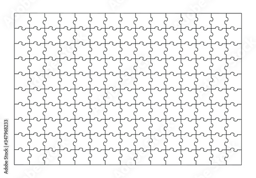 Set of one hundred fifty puzzle jigsaw pieces. Puzzle with different types of details and the ability to move each part. Black and white vector illustration isolated on white background.