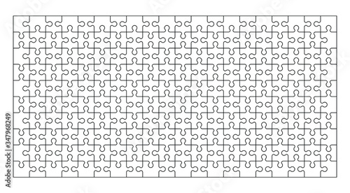 Set of two hundred puzzle pieces. Puzzle with different types of details and the ability to move each part. Black and white vector illustration isolated on white background.