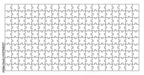 Set of two hundred puzzle pieces. Puzzle with different types of details and the ability to move each part. Black and white vector illustration isolated on white background.