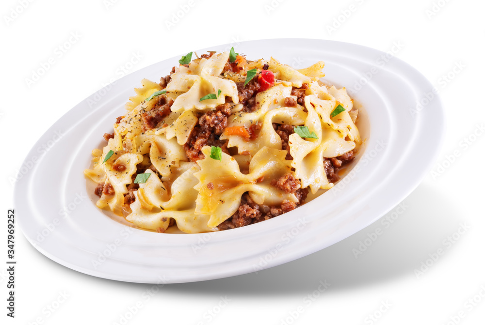 Minced beef tomato sauce pasta on a white isolated background