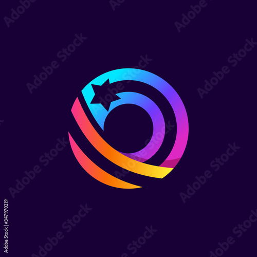 Letter O logo with star inside. Vector parallel lines icon.