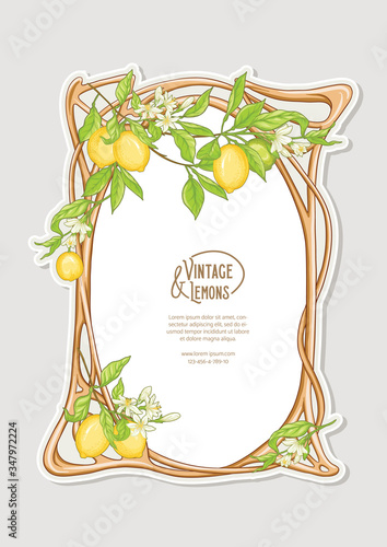 Frame in art nouveau style with lemon fruits and flowers branches. Good for product label. Colored vector illustration..
