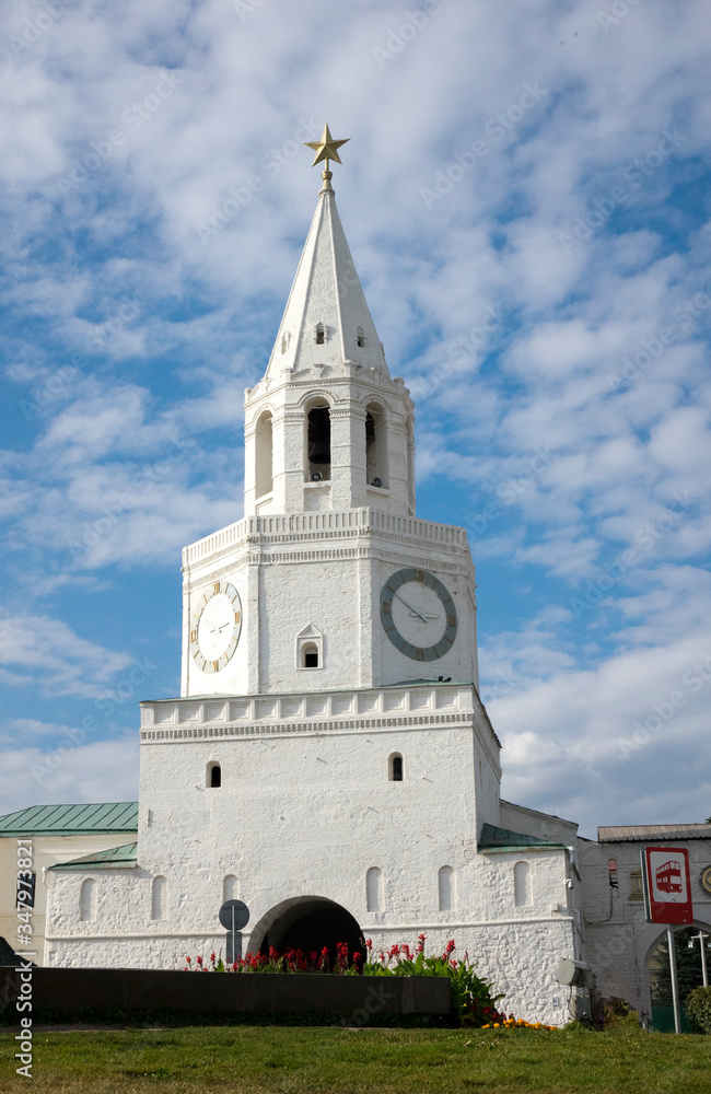 Spasskaya tower of the Kazan Kremlin with a big clock and a star on top. Republic of Tatarstan, Russia