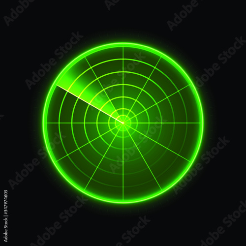 Military search system, navy sonar. Air search. Abstract green radar. Stock vector illustration on black background. 