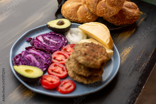 Purple cabbage with meat and bread