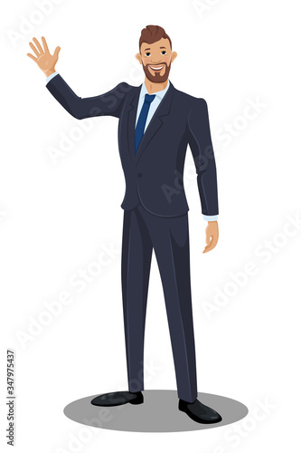 Cartoon character of funny businessman is waving hello. Smiling man wearing business suit and tie. Vector isolated on the white background.