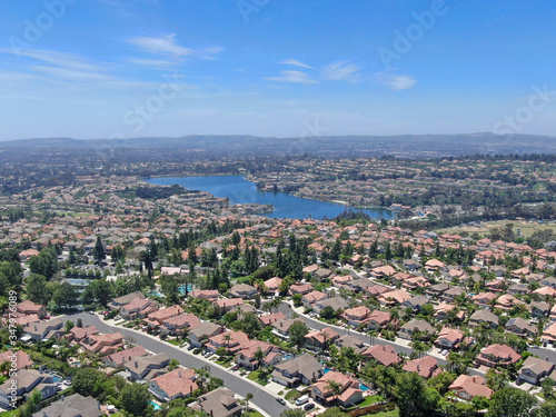 Aerial view of master-planned private communities, large-scale weatlhy residential neighborhood, big villa with swimming pool, Mission Viejo, California, USA