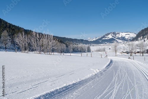 Winter mountain landscape with groomed ski trails. Leogang, Tirol, Alps, Austria