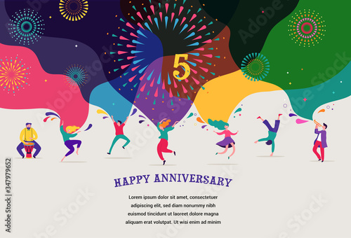 Anniversary celebration. Happy people dancing, playing music, celebrating. Vector illustration, banner, poster