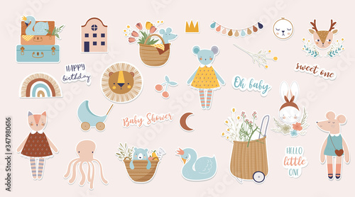 Trendy baby and children illustrations, stickers, tattoos. Vintage style. Vector illustrations