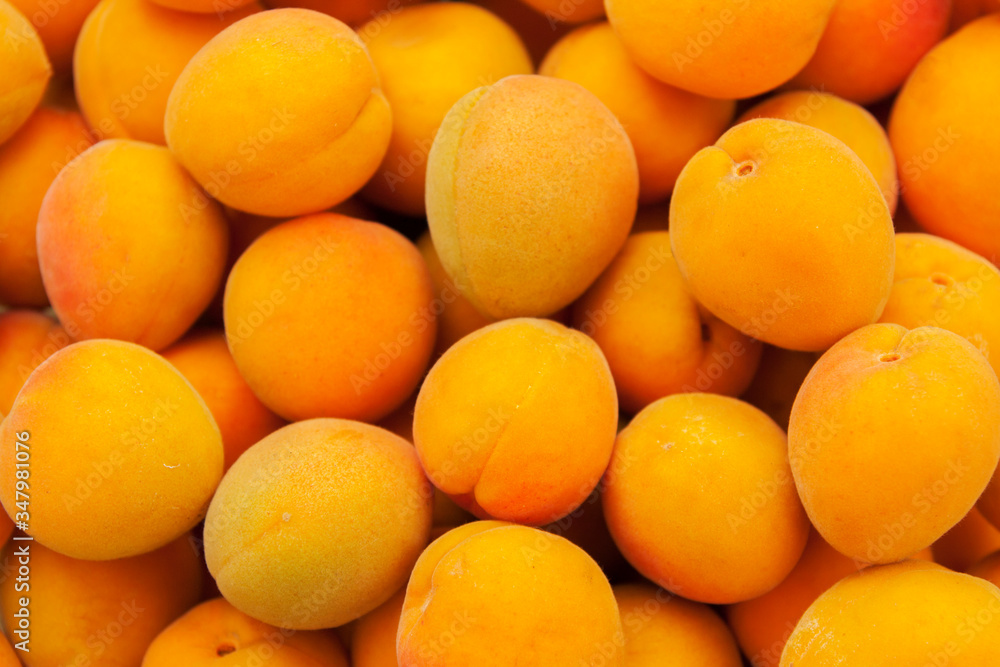 Appetizing ripe apricots top view. Summer fruits, food, concept, background