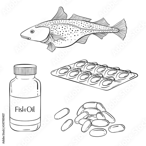 Fish oil icons set in hand drawn style isolated on white background. Omega 3, healthy seafood, fish oil in bottle and softgel pills vector illustration design. 