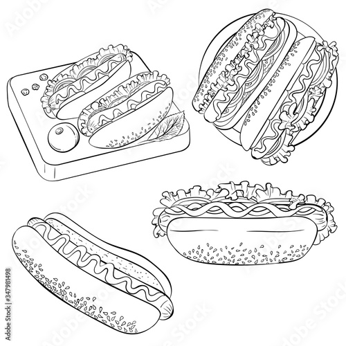Engraved hand drawn vector illustration set with hot dog. American traditional cuisine isolated on white background. Fast food ingredient. Hot dog icons. Design elements for label, emblem, sign, brand