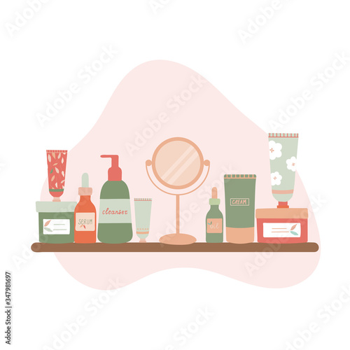 Composition with natural organic cosmetic products in bottles, tubes and jars for skin care and mirror on a shelf. Skincare routine set. Flat cartoon vector illustration.