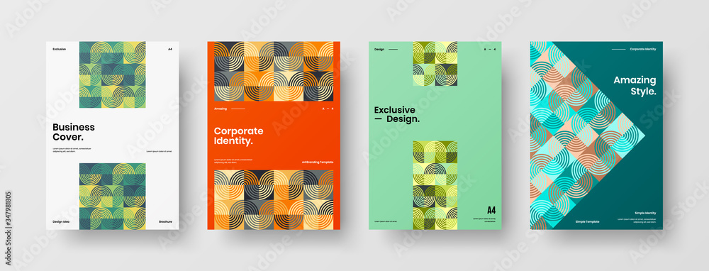 Company identity brochure template collection. Business presentation vector A4 vertical orientation front page mock up set. Corporate report cover abstract geometric illustration design layout bundle. Company identity brochure template collection. Business presentation vector A4 vertical orientation front page mock up set. Corporate report cover abstract geometric illustration design layout bundle.