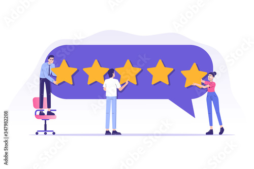 Customer review or feedback concept. People giving five star feedback and choosing satisfaction rating. Rating on customer service and user experience. Isolated vector illustration