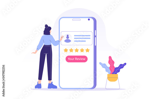Customer review or feedback concept. Young woman giving five star feedback and choosing satisfaction rating on smartphone app. Rating on customer service and user experience. Vector illustration