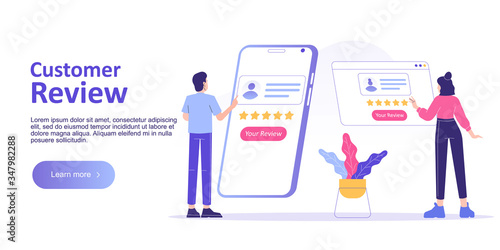 Customer review or feedback concept. People giving feedback and choosing satisfaction rating on smartphone app. Customer service and user experience. Landing page template. Vector web illustration