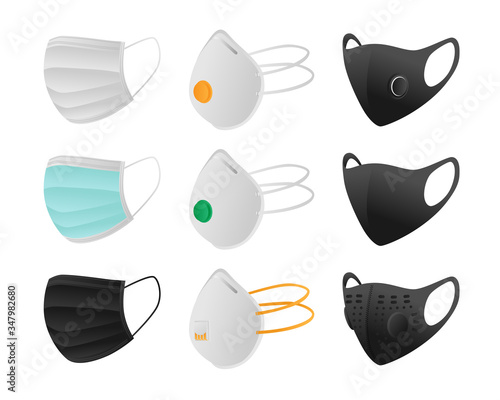set of breathing protective medical respiratory ffp1, N95, cloth, surgical masks, dust protection respirator, air pollution, disease, virus prevention, flu protection, flat vector illustration (ID: 347982680)