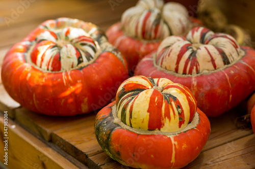 Close up of decoration with pumpkins on table