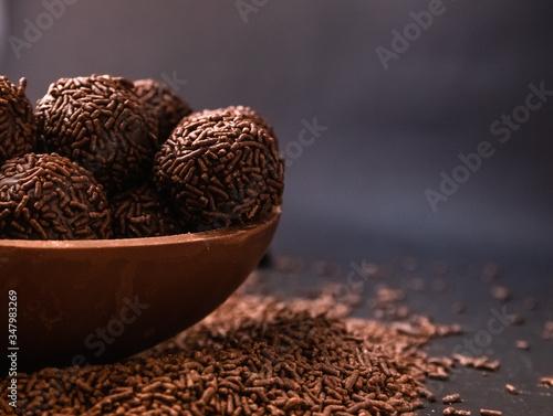 Chocolate Easter Egg filled with brigadeiro (brigadier), Goumert egg chocolate tradition in Brazil.  photo