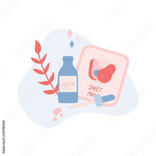 Composition with tropical leaf and natural organic cosmetic product in bottle and mask for skin care. Skincare routine set. Flat cartoon vector illustration.