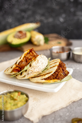 arepa with chicken, meat and pork. (Colombian and Venezuelan typical food)