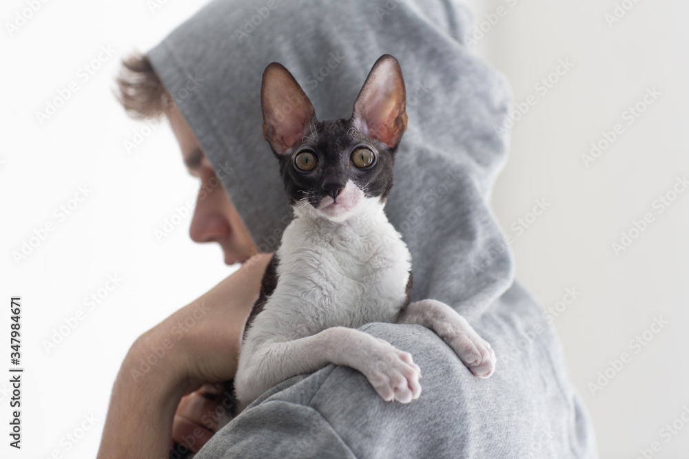 A cute young unshaven guy in a hoodie is holding a Cornish Rex cat in his arms. Love for pets, concept