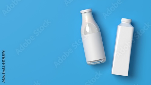 Top viewed blank lying milk glass and plastic bottles on the blue_3D illustration