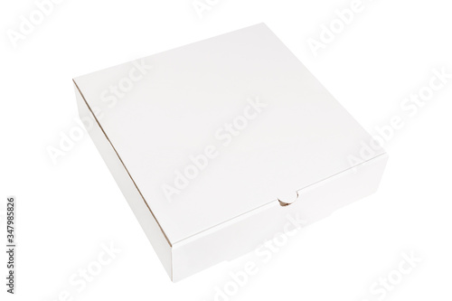 Blank white pizza box isolated on white background. Square cardboard pizza box isolated on white background