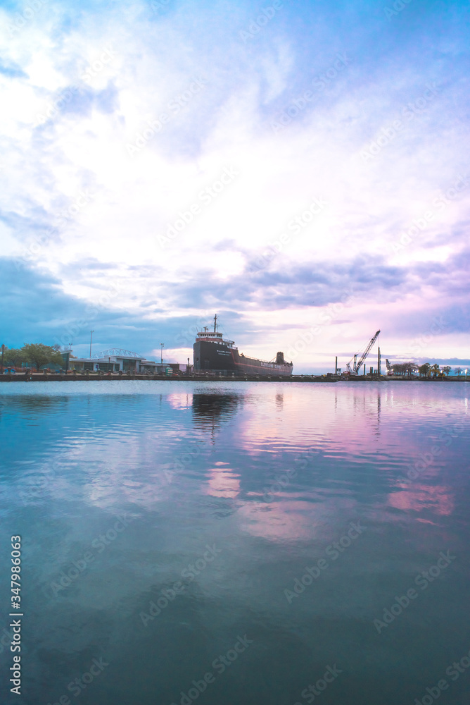 Sunset at william g mather steamship in cleveland ohio