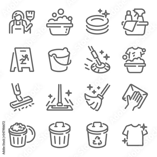 Cleaning icon set vector illustration. Contains such icon as Washing, Swipe, Cleaner, Maid, Mop, Bucket and more. Expanded Stroke