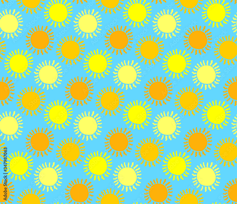 Seamless pattern with hand drawn yellow doodle suns on blue background. Vector illustration for textile and fabric, cover, print on clothes.