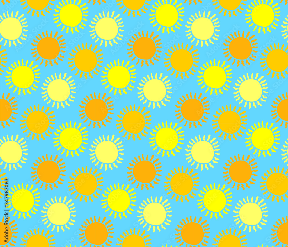 Seamless pattern with hand drawn yellow doodle suns on blue background. Vector illustration for textile and fabric, cover, print on clothes. Seamless pattern with hand drawn yellow doodle suns on blue background. Vector illustration for textile and fabric, cover, print on clothes.