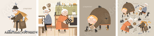 Grandmother and grandfather. Vector cute illustrations of elderly grandparents - an old man and an old woman at home in the kitchen for cooking, on the street they feed birds and cats. 