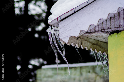 Ice dams with a cold roof at Patnitop Jammu India, Winter landscape
 photo