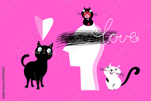 Holiday card with funny cats and hearts