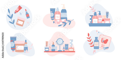 Set of compositions with natural organic cosmetic products in bottles, jars,tubes for skin care.Flat lay photography of skincare products.Cosmetic products,mirror on a shelf.Flat vector illustration.