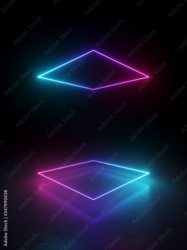 3d render, abstract minimal geometric background. Glowing neon lines ...